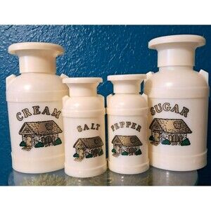 1970's Plastiques Inc Cream, Sugar, Salt, & Pepper Kitchen Set Vintage White